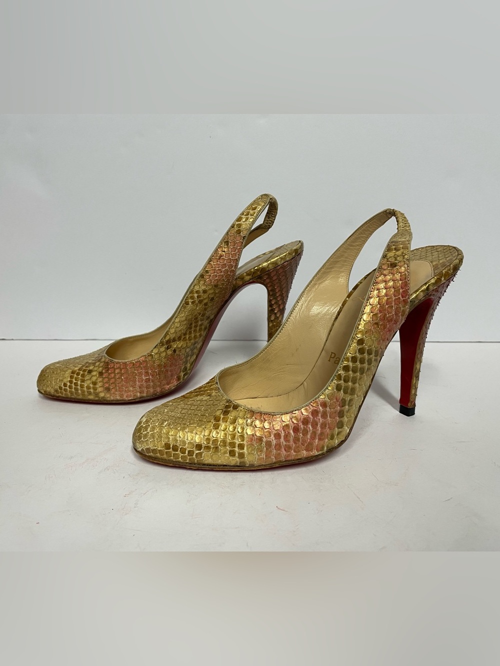 Christian Louboutin vintage Gold and Pink Snake Slingback High Heels 37